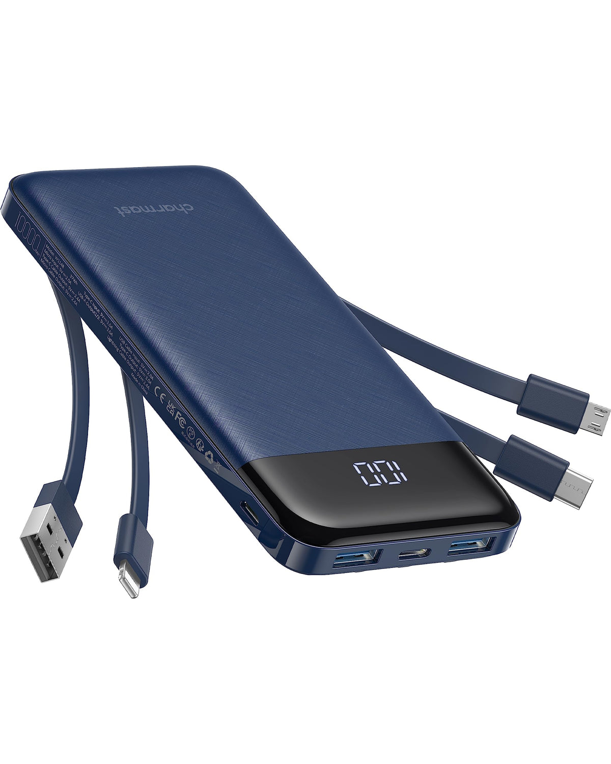 Portable Charger with Built-In Cables – 10000mAh Power Bank