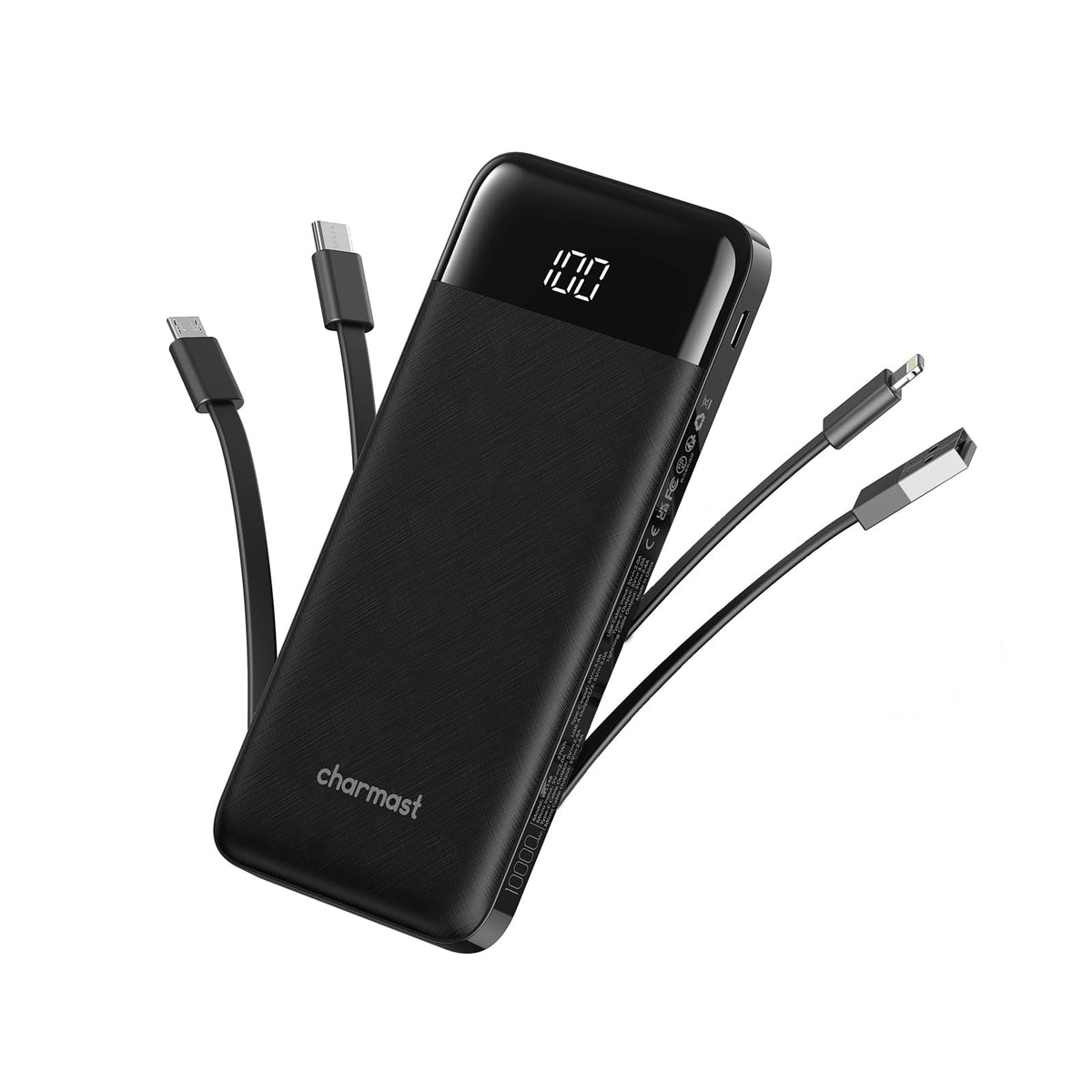 Portable Charger with Built-In Cables – 10000mAh Power Bank