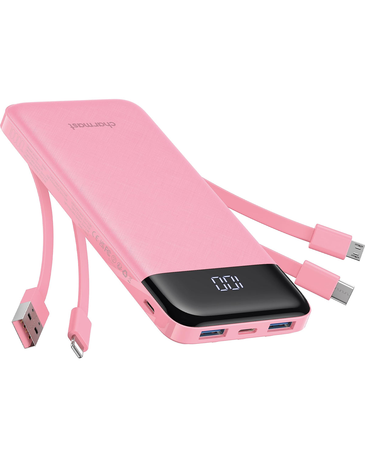 Portable Charger with Built-In Cables – 10000mAh Power Bank