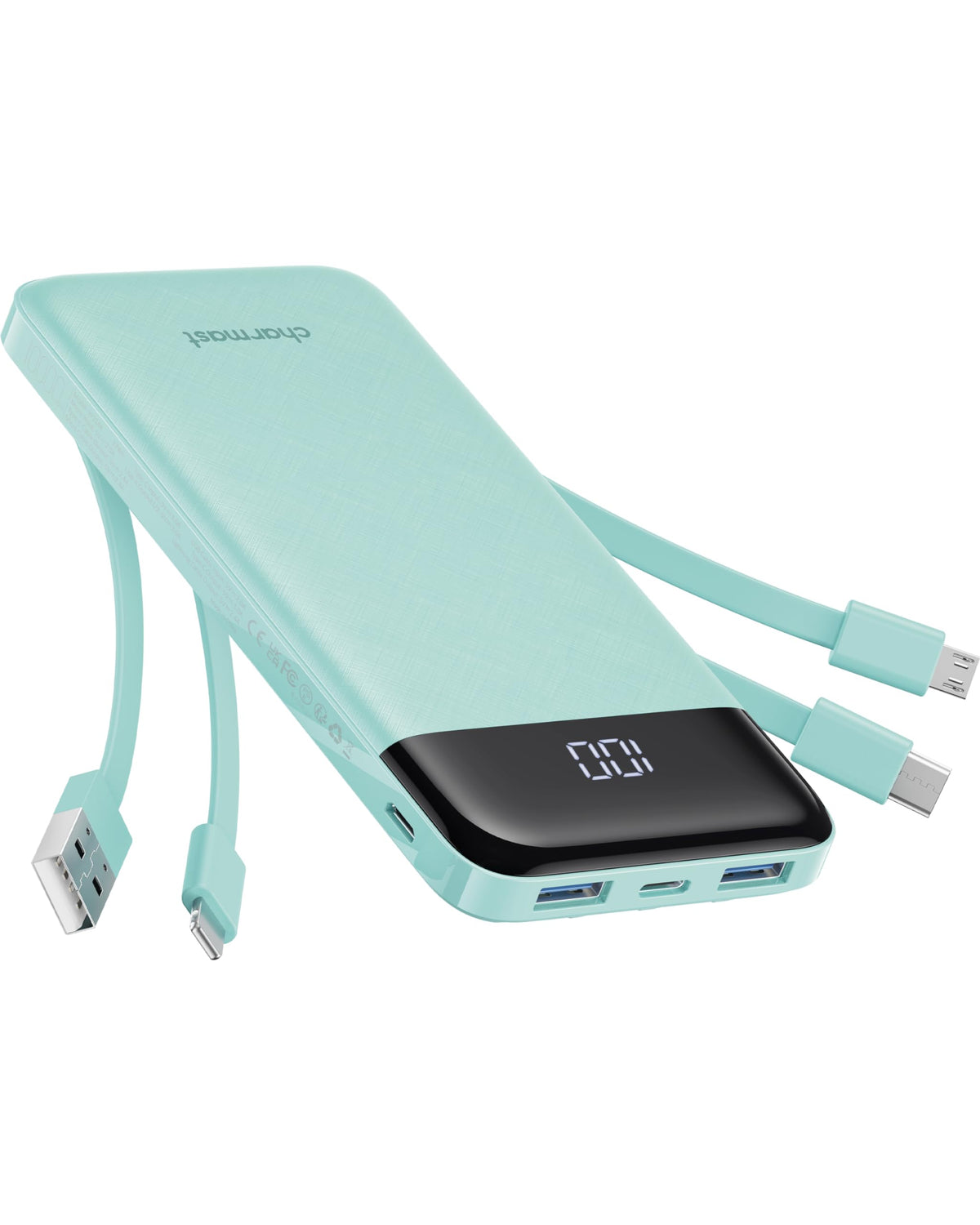 Portable Charger with Built-In Cables – 10000mAh Power Bank